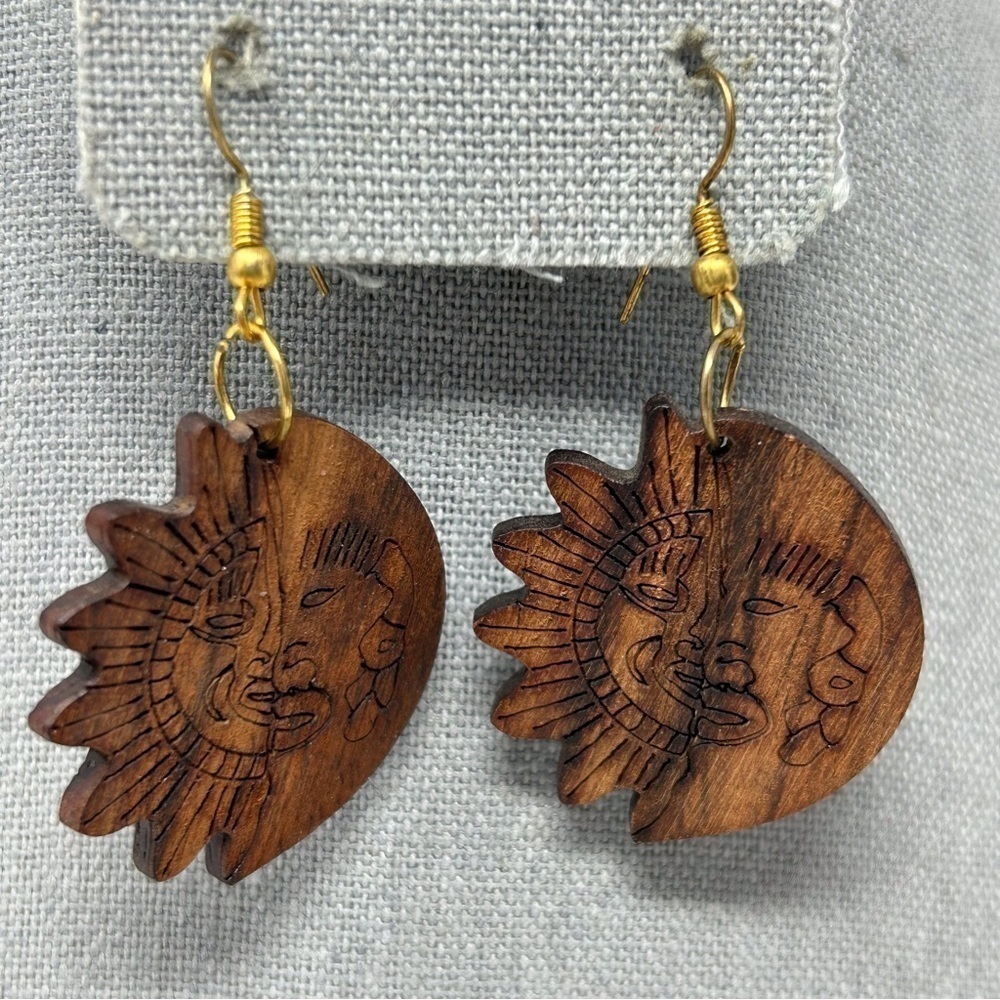 Sun and Moon Face Wood Dangle Earrings Gold Tone Hook